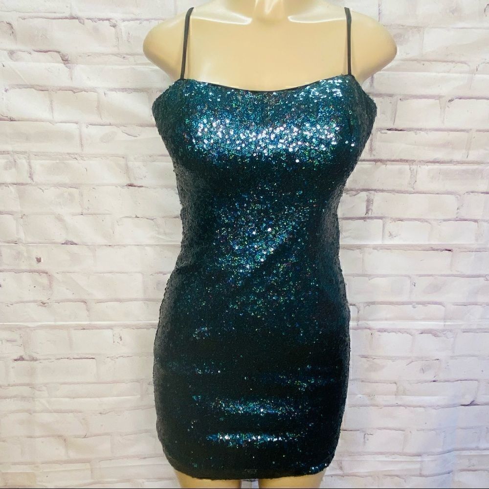 Alyce Paris green iridescent sequin strappy dress size 4